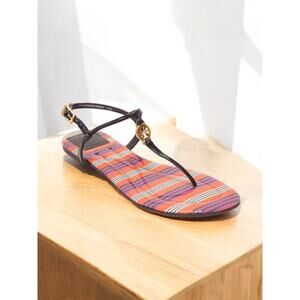 Tory Burch Emmy Patent Calf T-Strap Stripe Sandal Size 7M